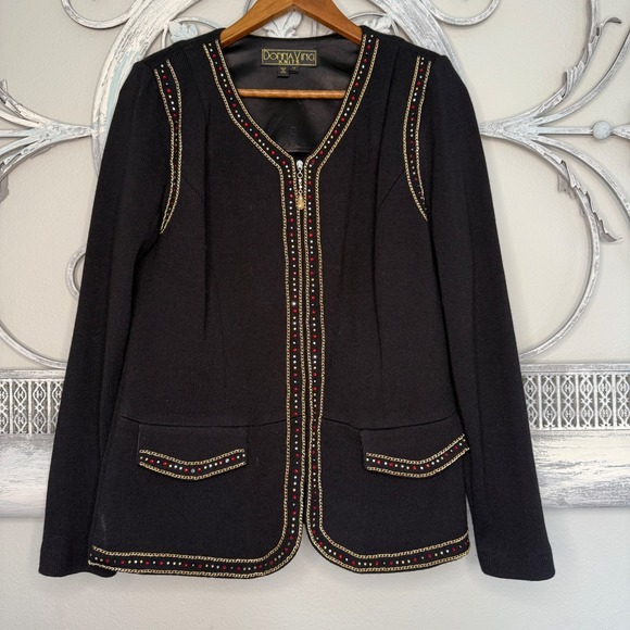 Donnavinci Sweaters - Donna Vinci Knits Womens Black Rhinestone Chain Trim Zip Front Jacket Size 10
